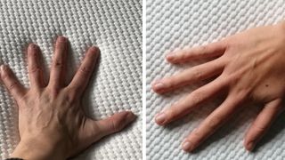 A hand touching the surface of the Simba Hybrid Original (left) and the pro (right)