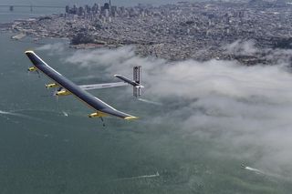 The Solar Impulse plane is pictured here on a flight over San Francisco, Calif.