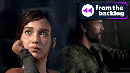 A screenshot from The Last of Us Part 1 showing Ellie and Joel in the car on their way to Pittsburgh with the TechRadar Gaming From the Backlog logo on top