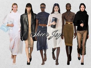 a collage showing the long haul fashion trend, sheer clothing, shown on models walking the fall 2024 and spring 2025 runway shows of Del Core, Gauchere, Brandon Maxwell, Toteme, Saint Laurent, and 16Arlington