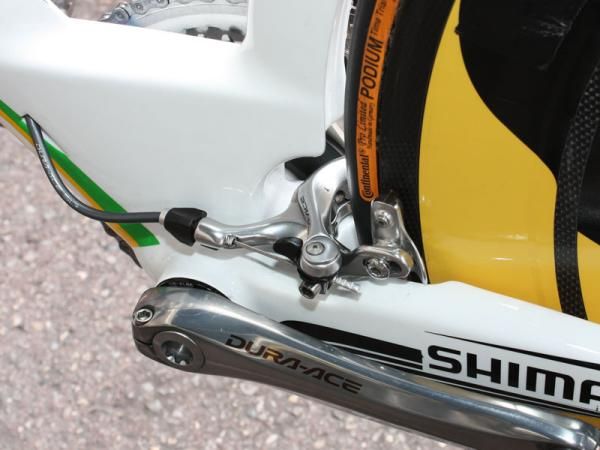 Grabsch's bike is fitted with a Shimano Dura-Ace 7800 rear brake caliper, possibly for clearance reasons.