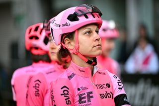 HUY BELGIUM APRIL 19 Krista DoebelHickok of The United States and Team EF Education Tibco Svb prior to the 26th La Fleche Wallonne Feminine 2023 a 1273km one day race from Huy to Mur de Huy UCIWWT on April 19 2023 in Huy Belgium Photo by David StockmanGetty Images