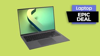 LG Gram 16 laptop against a green background