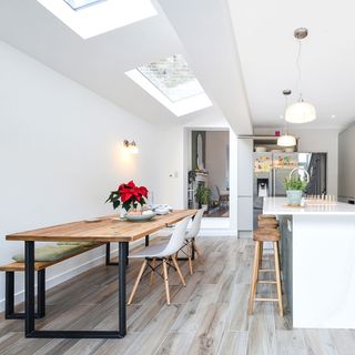 modern side return extension with white kitchen and panel engineered flooring and large rooflights