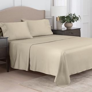 Martha Stewart 400tc 100% Egyptian Cotton Sateen Sheet Set, Beige, Ivory, 4 Piece - 1 Flat Sheet, 1 Fitted Sheet, 2 Std Pillowcases, Soft & Breathable, Premium Bed Sheets, Solid Color, Queen Size