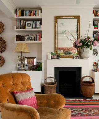 Living room bookshelves with fireplace