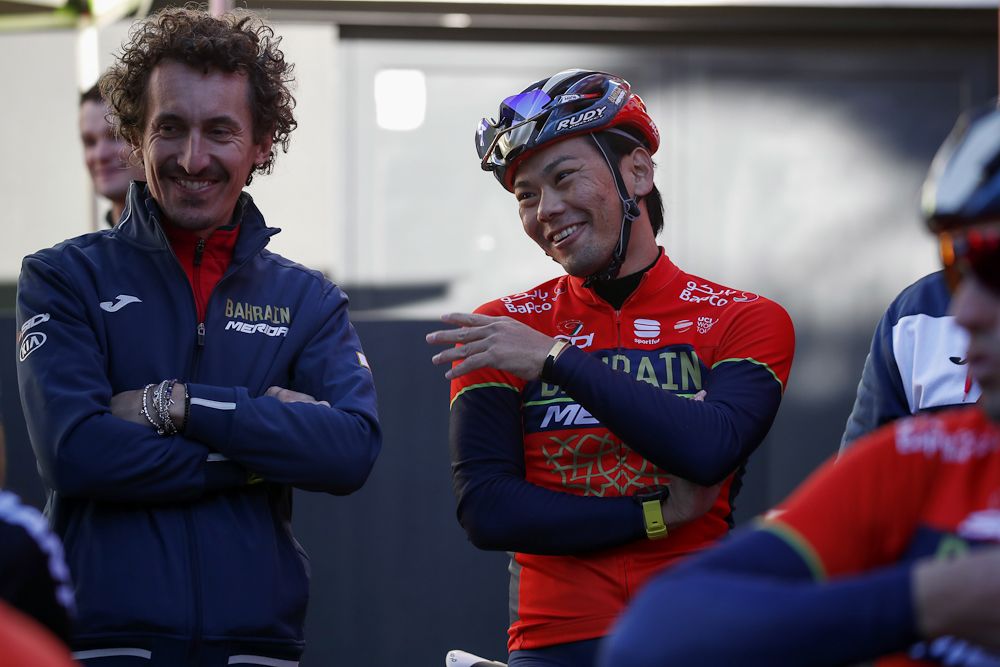 Franco Pellizotti and Yukiya Arashiro share a laugh