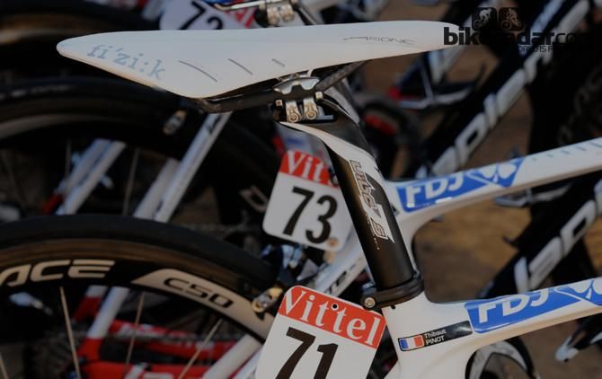 Pinot seems to be trialling his position &ndash; the saddle is set back to almost comic proportions and at the front end there was steering spacers on top of his stem to allow for upward adjustment