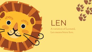 A cute cartoon lion next to the meaning of the name Len