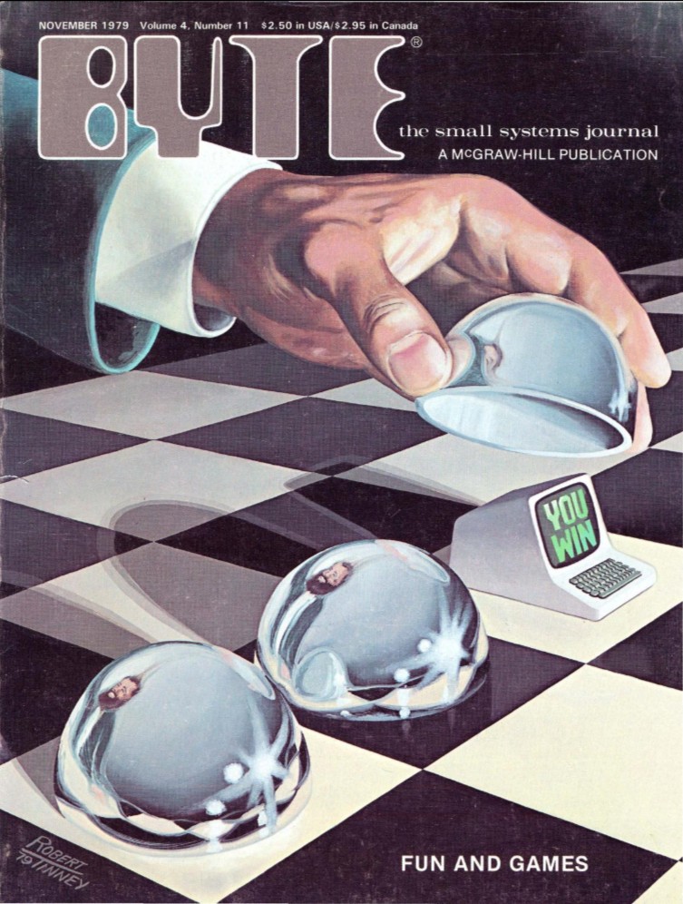 Byte cover showing giant hand lifting mirror cover off computer screen reading "you win'