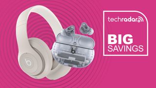 The Beats Studio Pro and Buds Plus next to the words big savings on a pink background