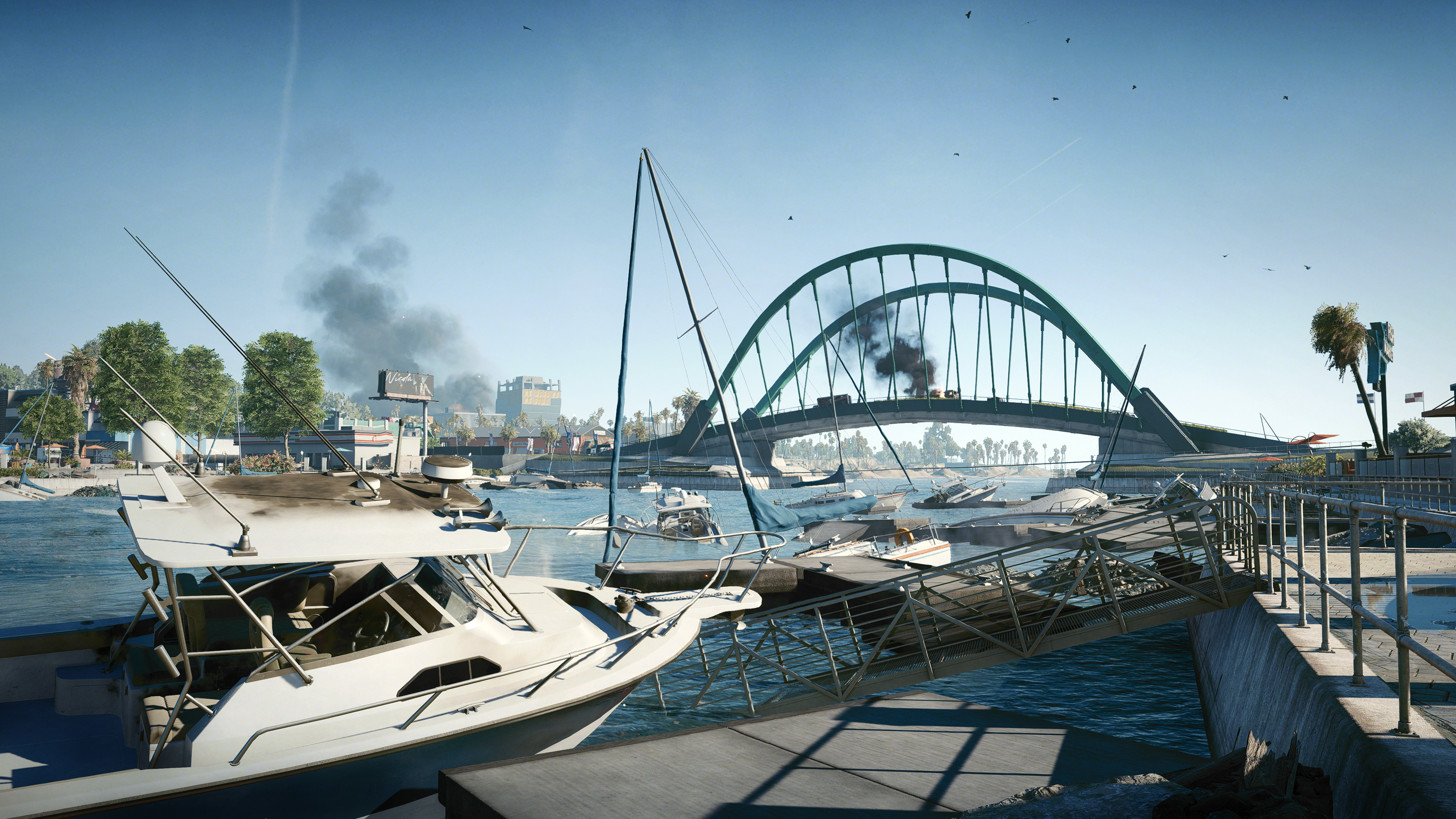 Battlefield 6 Redsec: Several boats strewn about a river in a wartorn city.