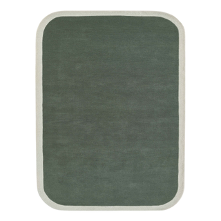 A hand-tufted wool rug in green with a white border