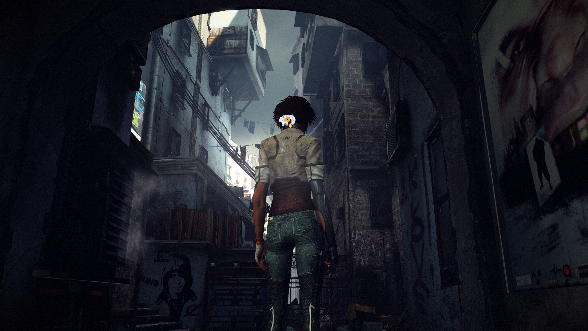 Nilin walking through the backstreets of Neo-Paris in Remember Me.