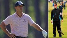 Billy Horschel waits to hit a shot and a bunker raker at The Open