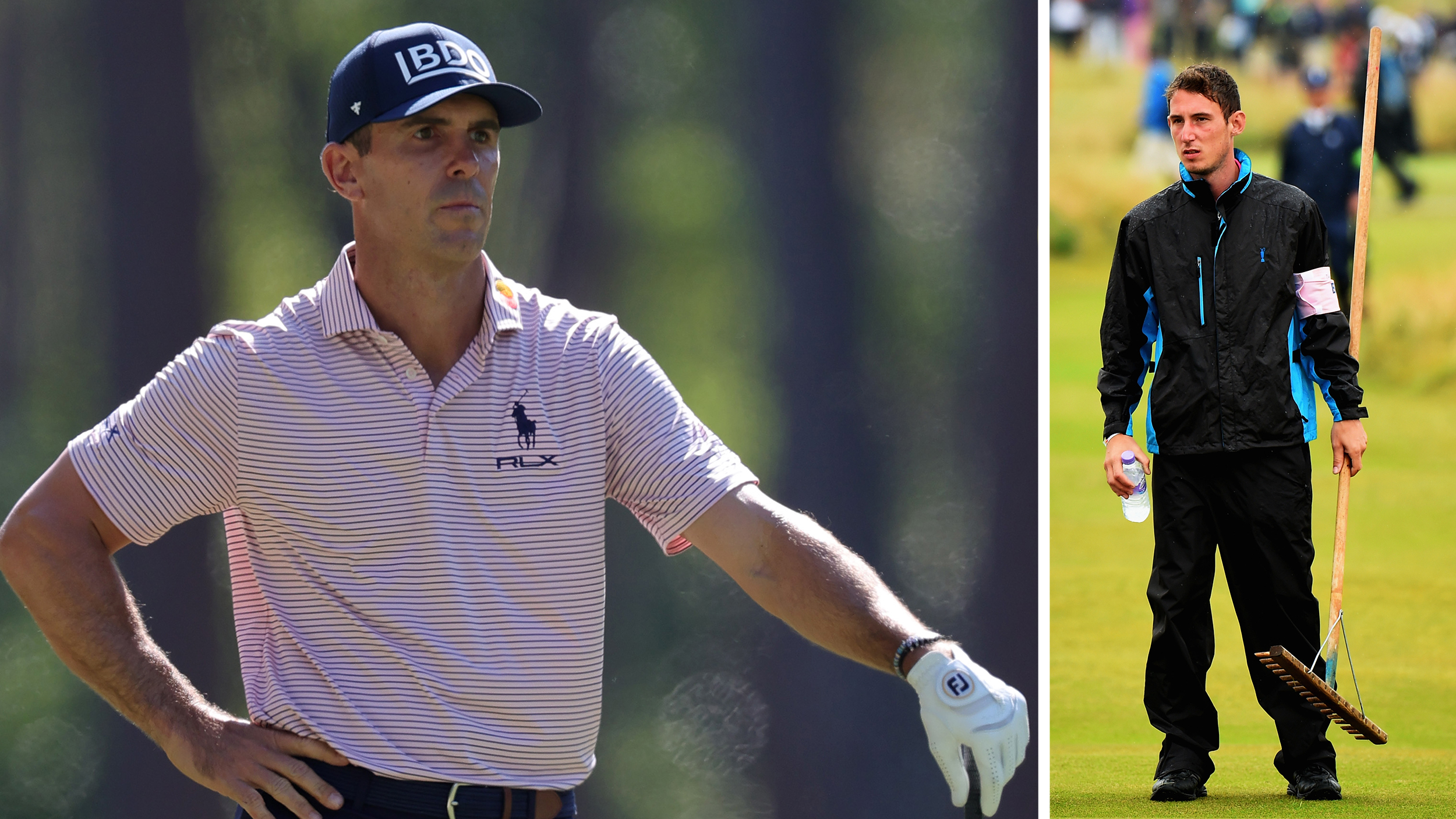 Billy Horschel waits to hit a shot and a bunker raker at The Open