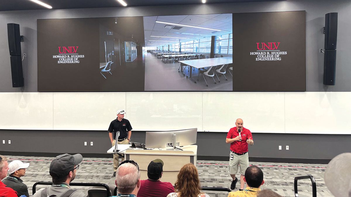 Three Nanolumens dvLED video walls highlight the new AED building, with the largest in its new Flexatorium. 