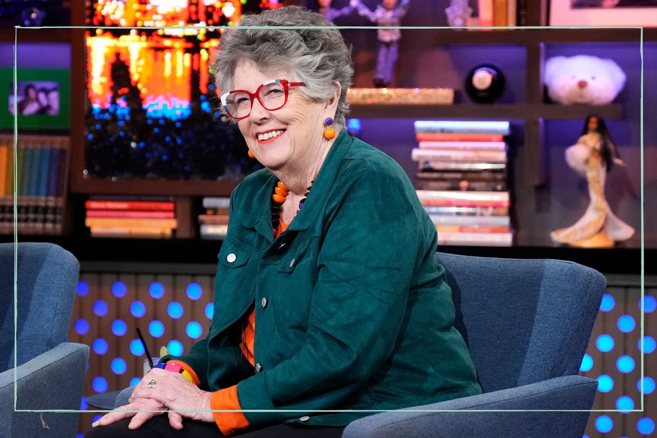 Prue Leith sat in an armchair on a talk show