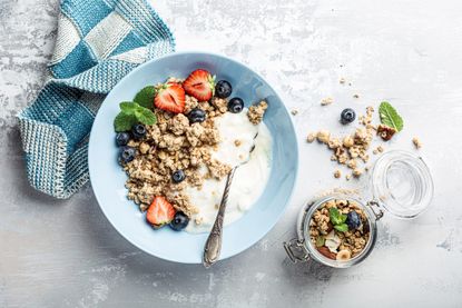 A close-up of a bowl of granola which is healthy according to experts