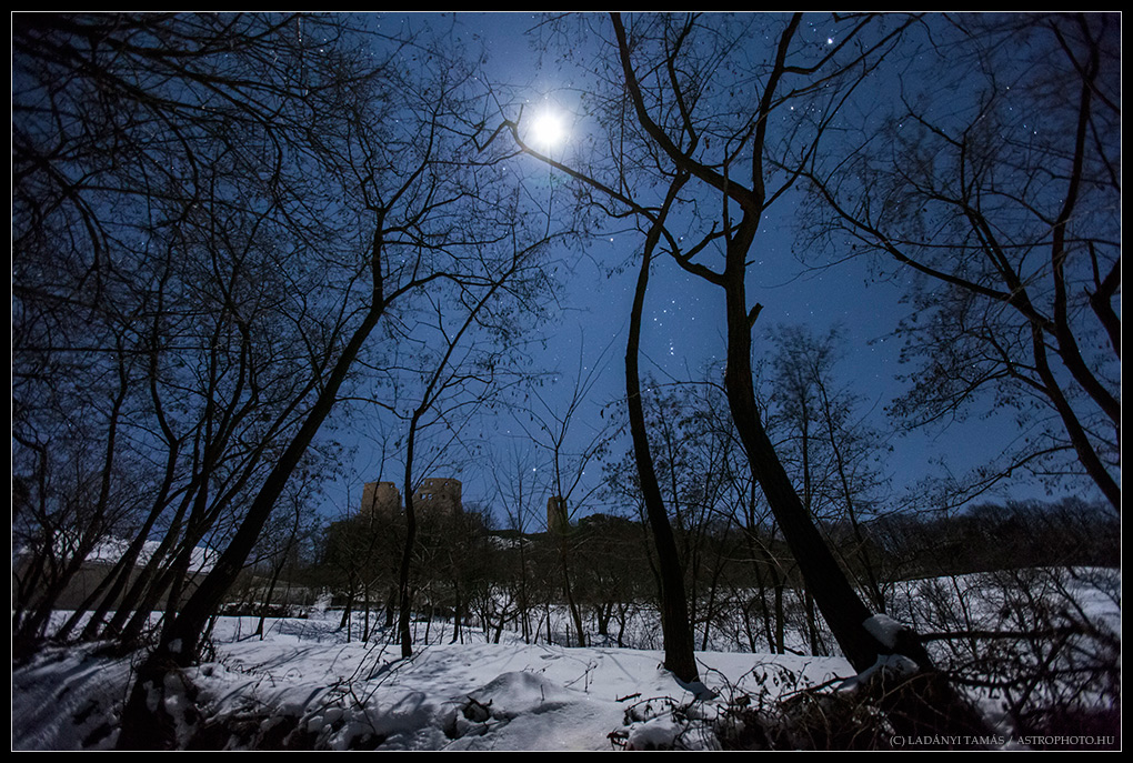 Orion and Moon Shine Over Castle in Hungary 2013 