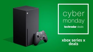 Cyber Monday Xbox Series X deals: an Xbox Series X on a green background