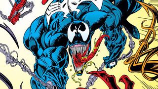 Venom swings into action on the cover of Venom: Lethal Protector.