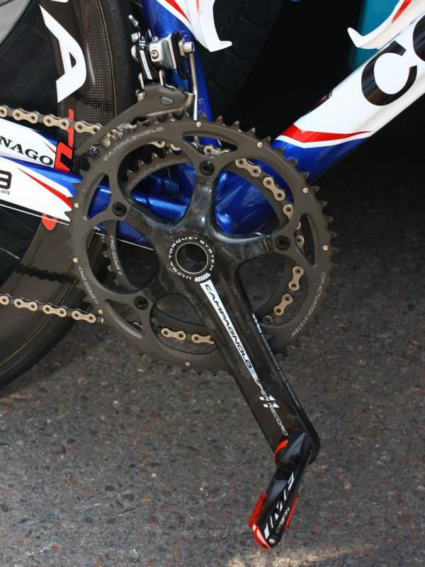 Campagnolo's Super Record cranks feature hollow carbon fiber arms.
