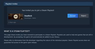 Deadlock - A Steam notification page showing an invite to Deadlock