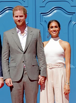 Prince Harry, Duke of Sussex and Meghan, Duchess of Sussex arrive at the town hall during the Invictus Games Dusseldorf 2023 - One Year To Go events, on September 06, 2022 in Dusseldorf, Germany.