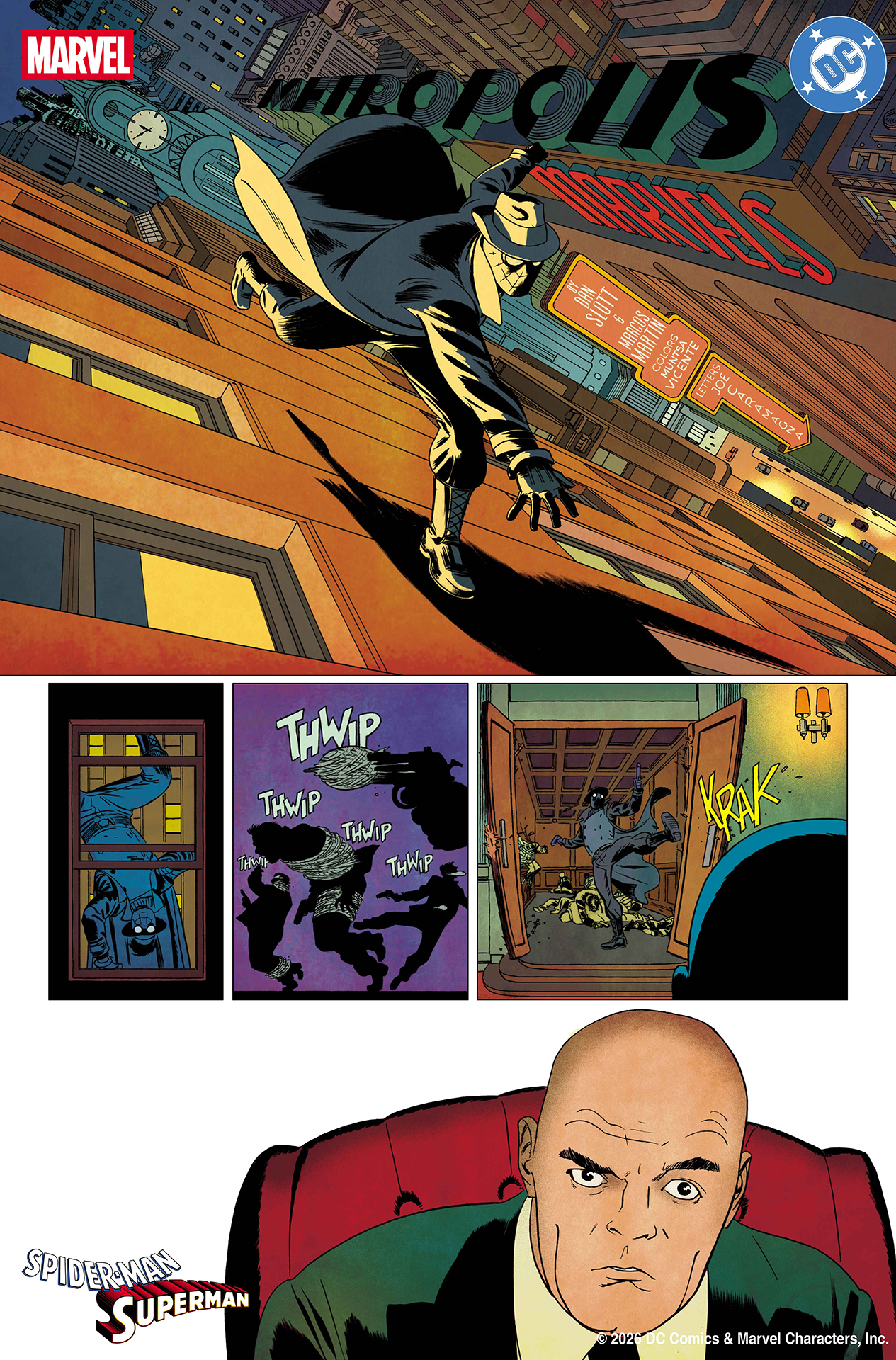 Spider-Noir swinging through Golden Age Metropolis and crashing in on Lex Luthor