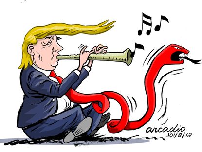 Political cartoon U.S. Trump tie snake charmer