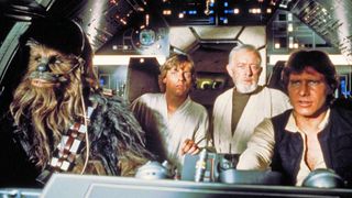 Chewbacca, Luke Skywalker, Obi-Wan Kenobi and Han Solo in the first "Star Wars" film, "A New Hope."