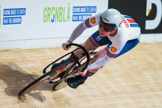 Great Britain's Emma Finucane competes during the womenâ€™s sprint qualifying round of the UCI Track Cycling World Championships in Ballerup, Denmark, on October 17, 2024. (Photo by JONATHAN NACKSTRAND / AFP)