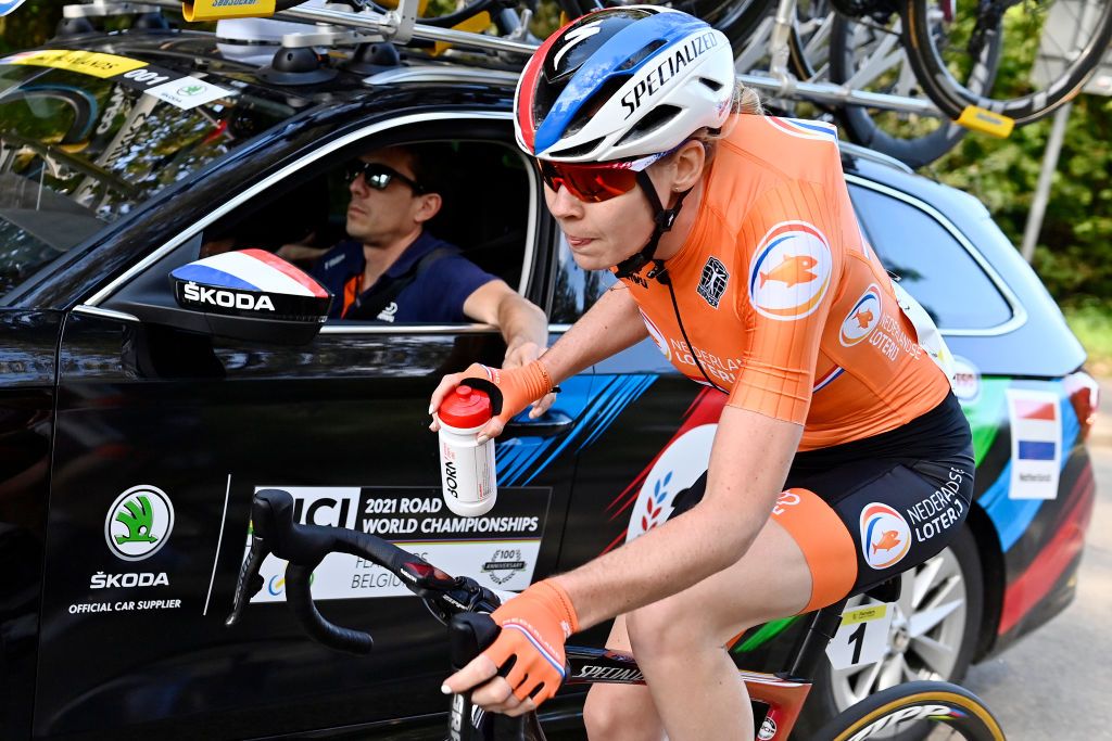 LEUVEN BELGIUM SEPTEMBER 25 Anna Van Der Breggen of Netherlands in feed zone during the 94th UCI Road World Championships 2021 Women Elite Road Race a 1577km race from Antwerp to Leuven flanders2021 on September 25 2021 in Leuven Belgium Photo by Kristof RamonPoolGetty Images