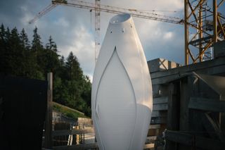 Close-up view of 'The Throne', a 3D-printed portable toilet by To.org and Nagami, installed in Gstaad, Switzerland