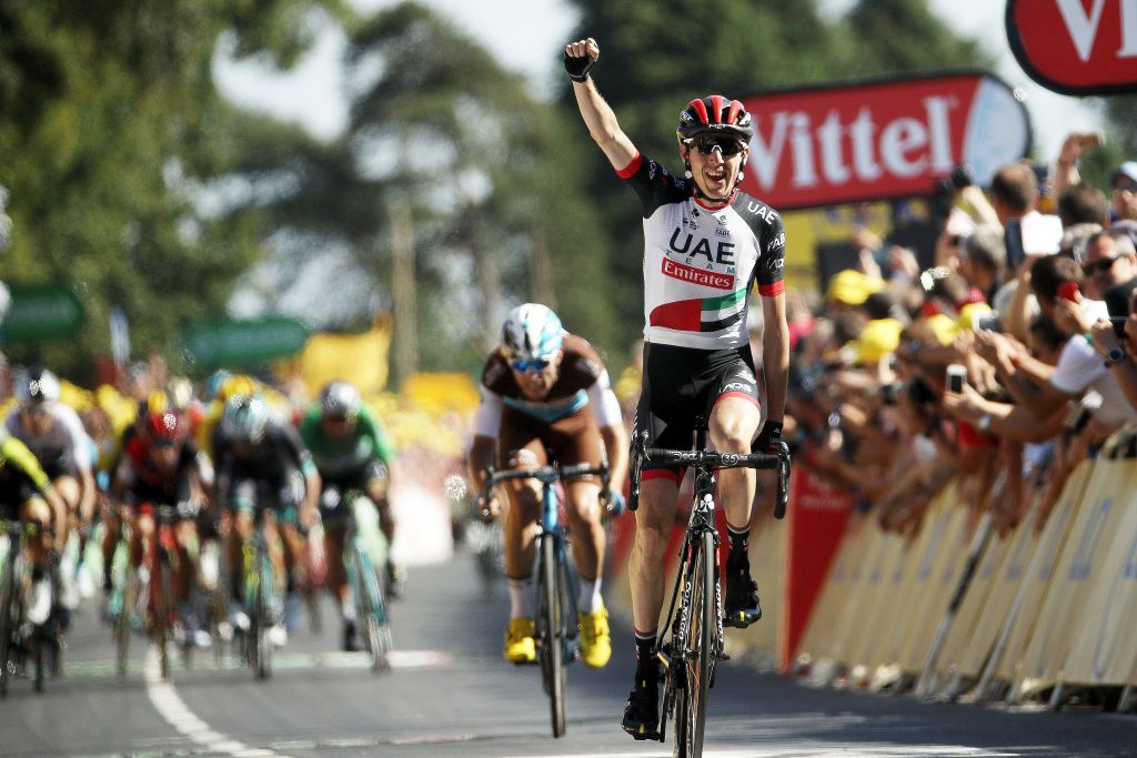 MUR-DE-BRETAGNE GUERLEDAN, FRANCE - JULY 12: Arrival / Daniel Martin of Ireland and UAE Team Emirates / Celebration / Pierre Latour of France and Team AG2R La Mondiale / during 105th Tour de France 2018, Stage 6 a 181km stage from Brest to Mur-de-Bretagne Guerledan 293m / TDF / on July 12, 2018 in Mur-de-Bretagne Guerledan, France. (Photo by Chris Graythen/Getty Images)