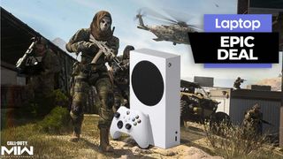 Xbox Series S on a Call of Duty Modern Warfare 2 backdrop with an Epic Deal banner over the top