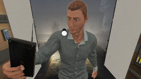 One of the character models in Phasmophobia, he's standing in the truck with a flashlight on his shoulder. He's also holding an upgraded Spirit Box.
