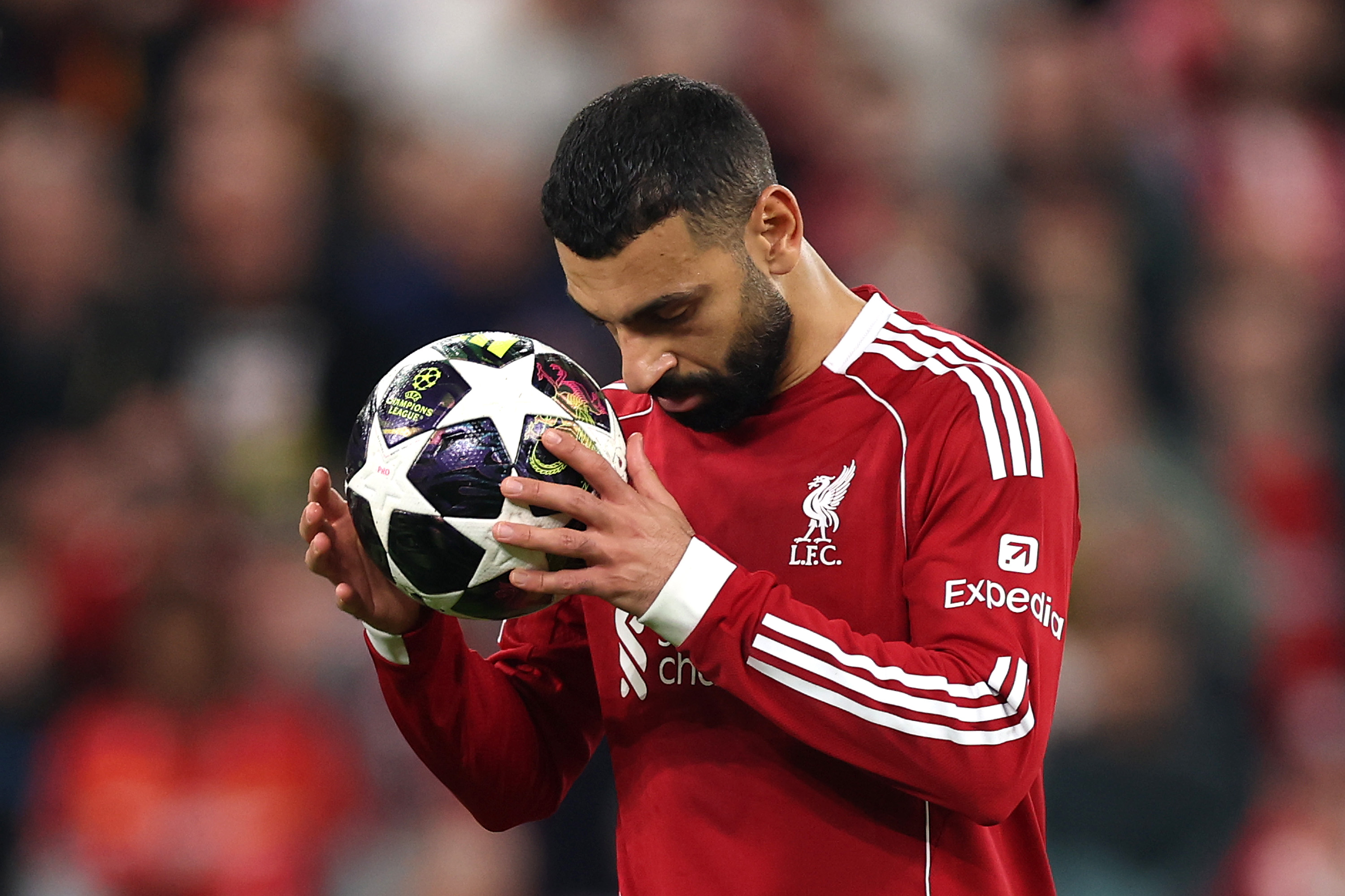 Mohamed Salah of Liverpool reacts before taking a penalty kick which is saved by Ugurcan Cakir of Galatasaray A.S. (not pictured) during the UEFA Champions League 2025/26 Round of 16 Second Leg match between Liverpool FC and Galatasaray SK at Anfield on March 18, 2026 in Liverpool, England.