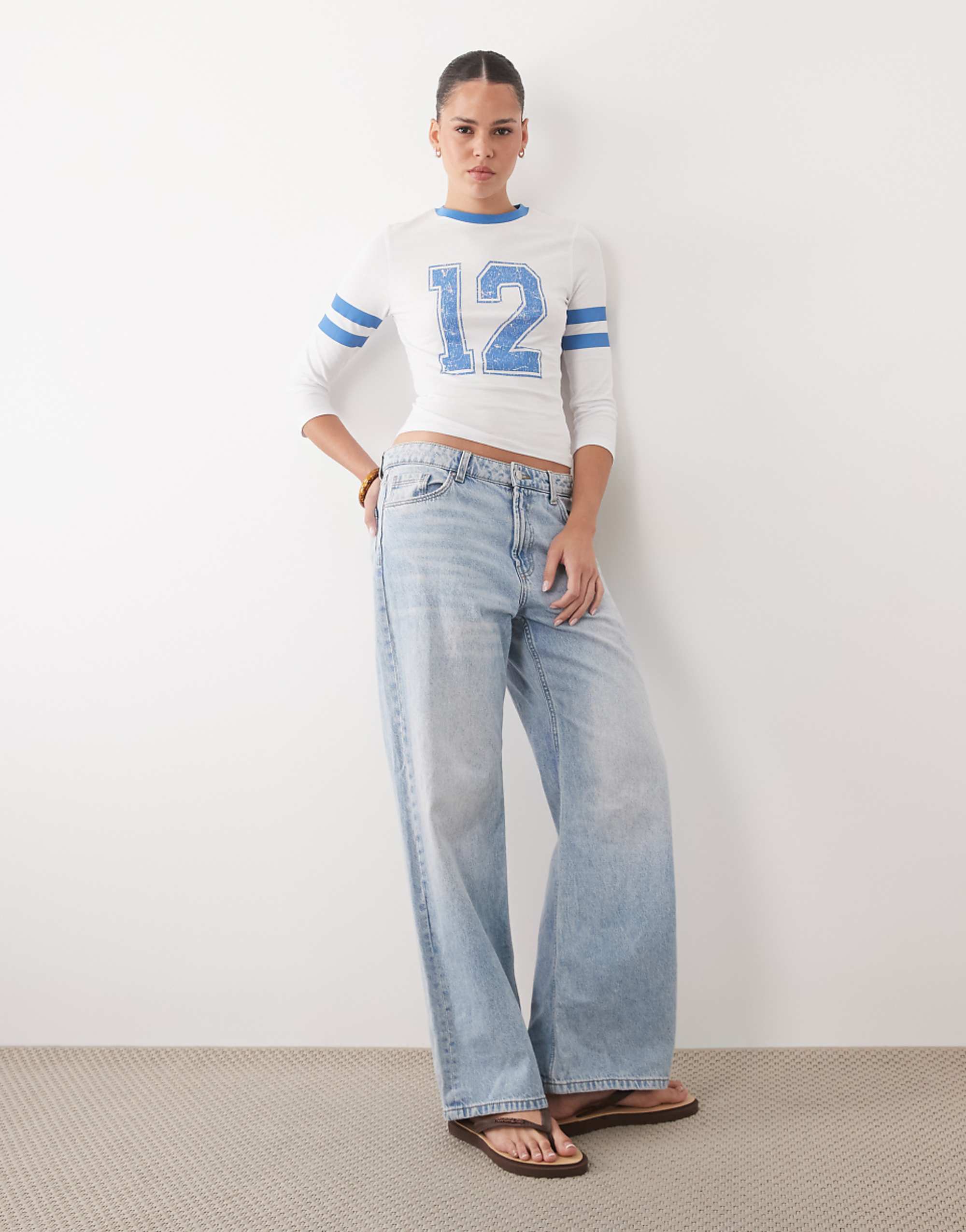 Asos Design 3/4 Sleeve Baby Tee With Varsity Graphic in Ecru and Blue