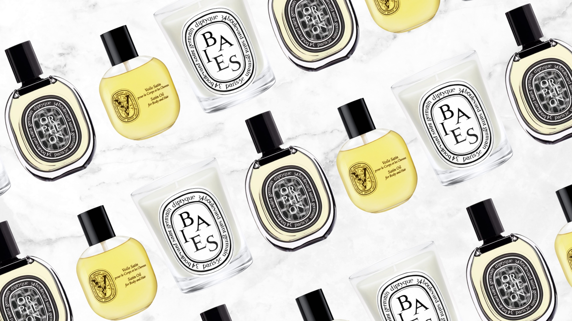A collage of Diptyque products, including the Orpheon Eau de Parfum, the satin oil and Baies candle, all arranged in a diagonal pattern across a white and grey marbled template.