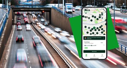 Ovo Energy app interface appears against a backdrop of moving cars