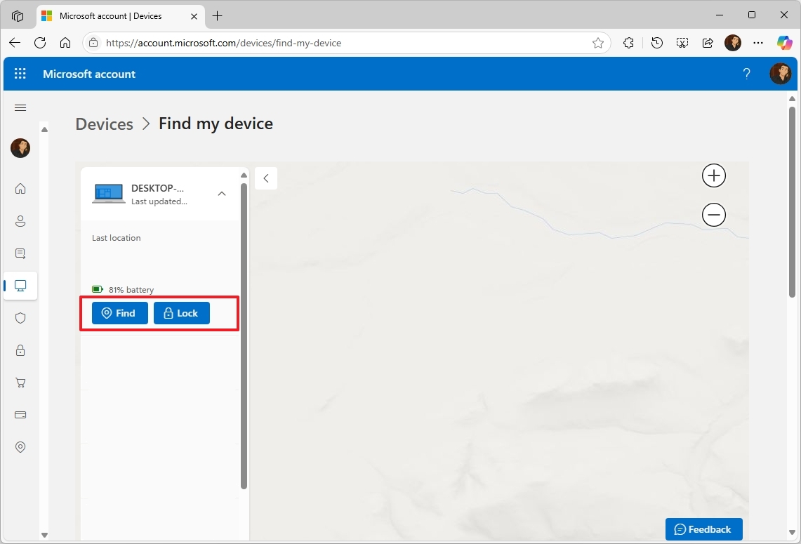Microsoft account find my device settings