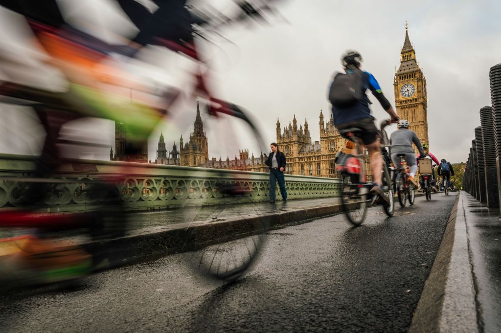 Cyclists cross Westminster Bridge in London, UK, on Tuesday, Oct. 29, 2024. UK Chancellor of the Exchequer Rachel Reeves will deliver her first budget on Oct. 30. Photographer: Jose Sarmento Matos/Bloomberg via Getty Images