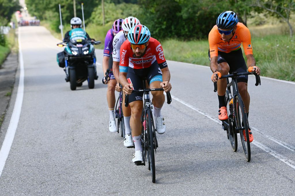 LES PRAERESNAVA SPAIN AUGUST 28 LR Thomas De Gendt of Belgium and Team Lotto Soudal and Luis ngel Mat Mardones of Spain and Team Euskaltel Euskadi compete in the breakaway during the 77th Tour of Spain 2022 Stage 9 a 1714km stage from Villaviciosa to Les Praeres Nava 743m LaVuelta22 WorldTour on August 28 2022 in Les Praeres Nava Spain Photo by Tim de WaeleGetty Images