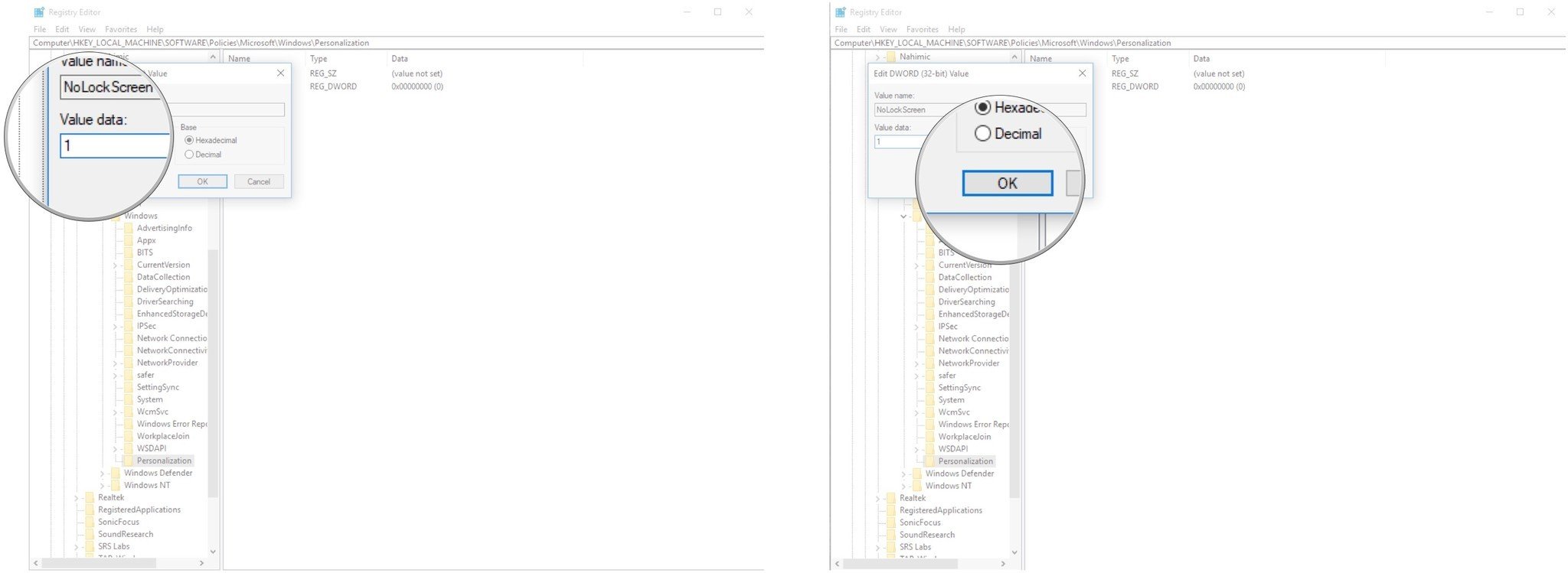 Type 1 in the Value Data field. Click OK.