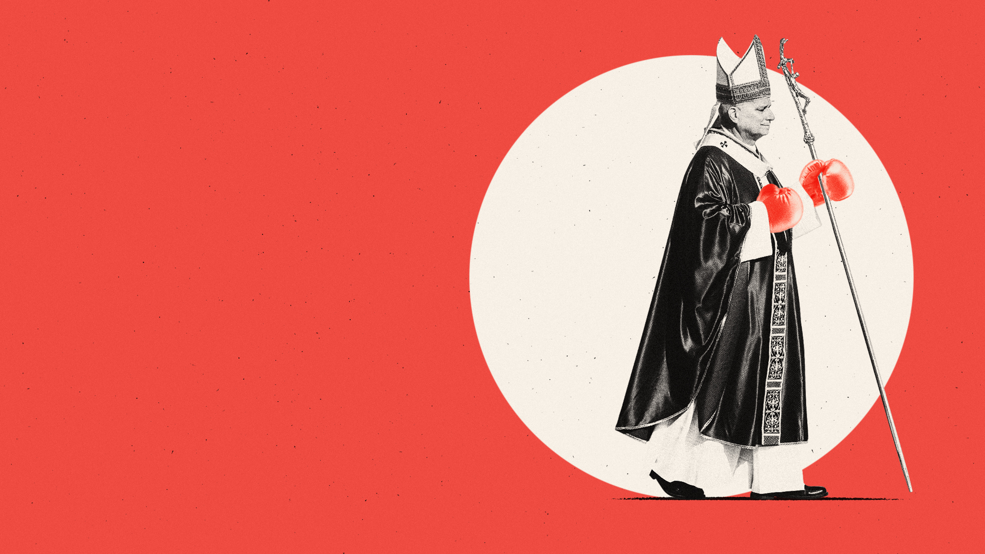Photo composite illustration of Pope Leo XIV wearing boxing gloves