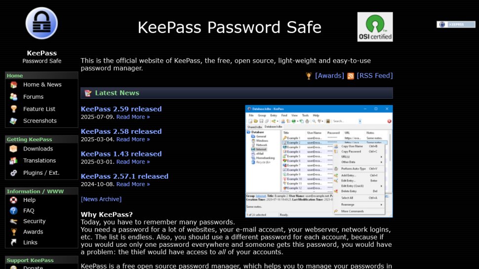 KeePass website screenshot (August 2025).