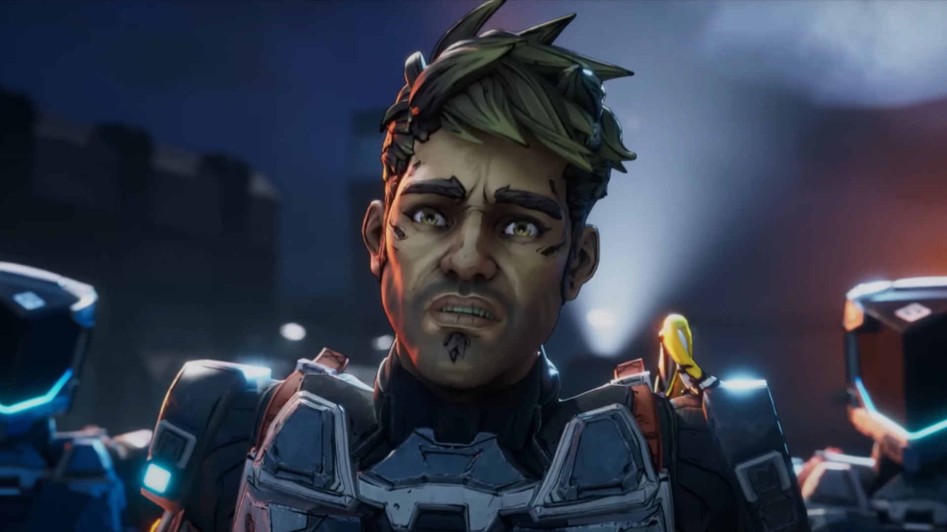 cel-shaded rafa looking shocked and worried in his exo suit