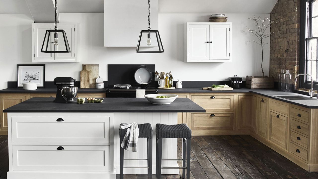 l-shaped kitchen with wood and white kitchen cabinets by neptune